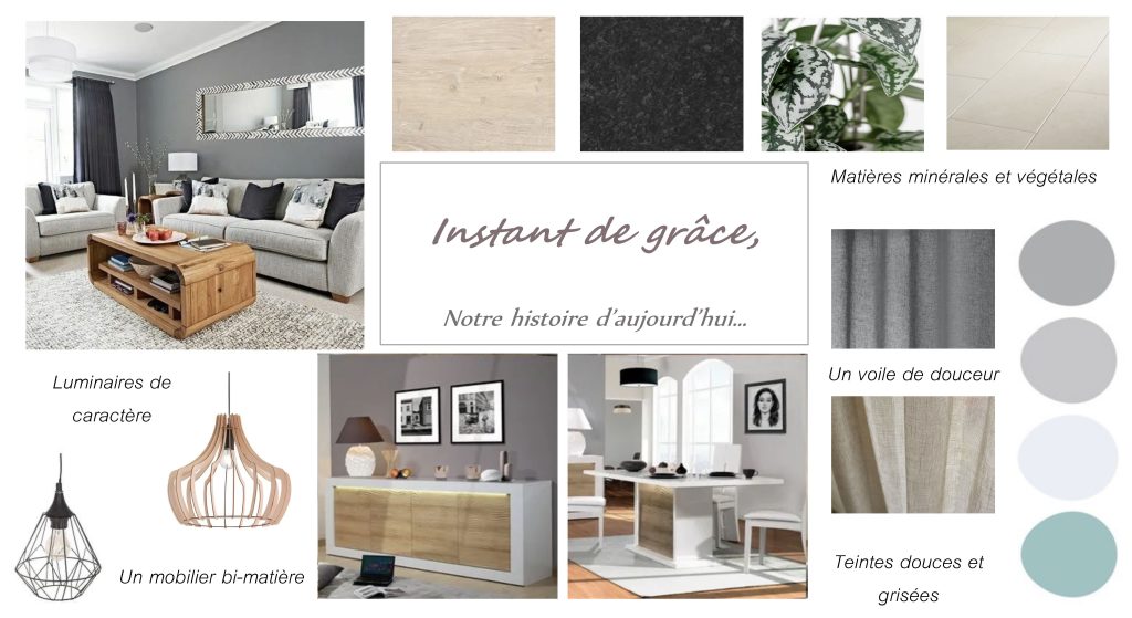 Planche d'ambiance décoration style industriel avec meubles